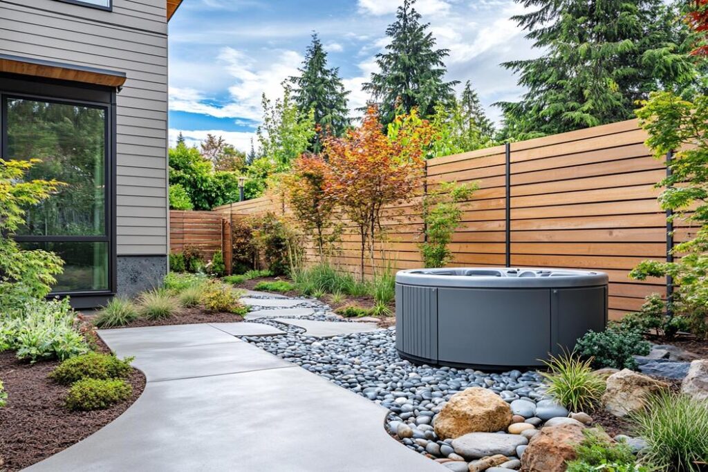 hot-tub-in-modern-backyard-landscape-with-concrete-walkway-and-wooden-fence-photo
